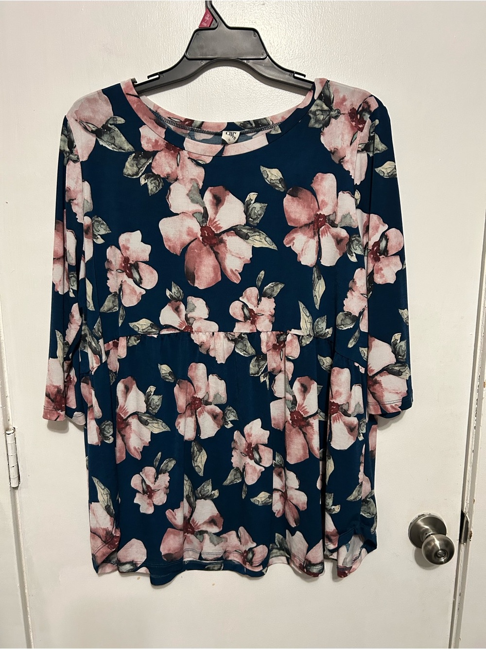 Sew In Love Navy Floral Peplum Blouse with Pink Blooms